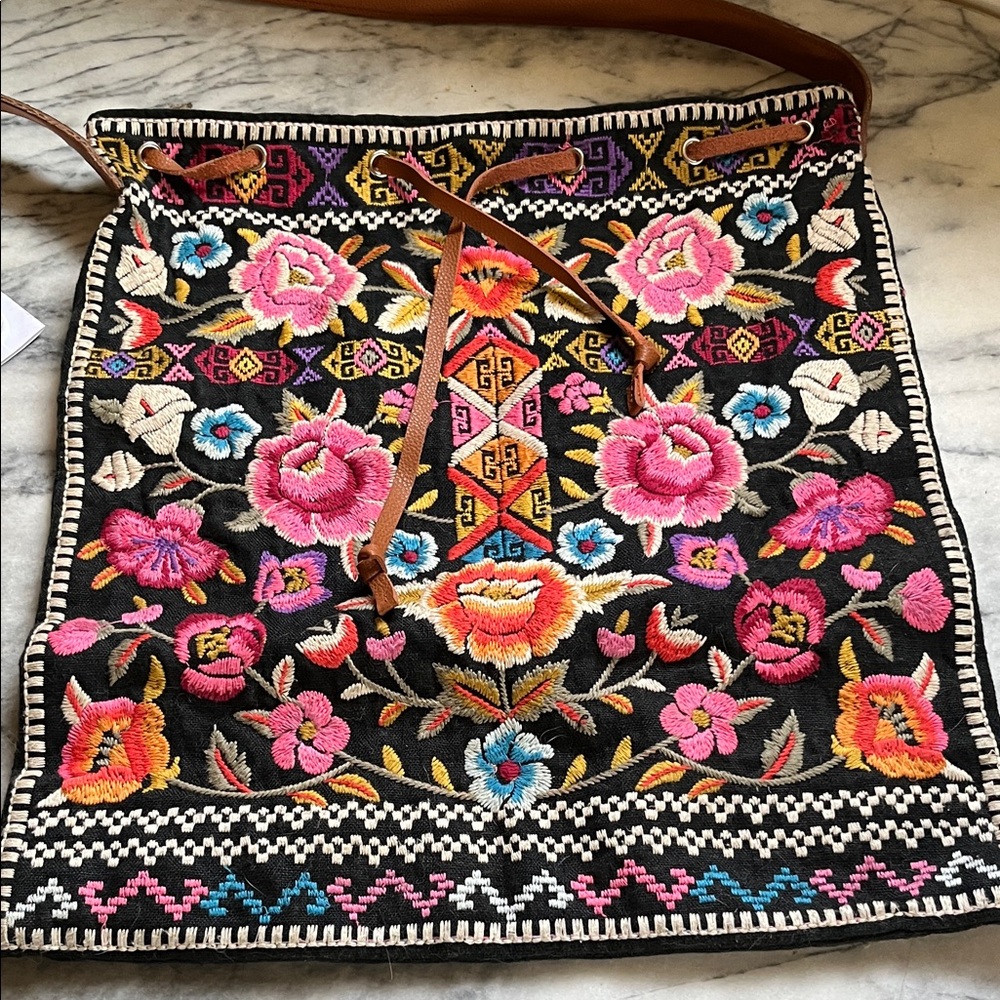 Johnny Was Black Embroidered Crossbody with Pink, Orange, Blue & Tan